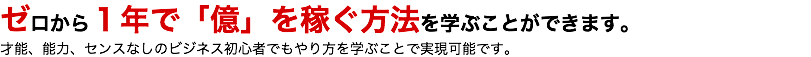 ゼロから１年で「億」を稼ぐ方法を学ぶことができます。 才能、能力、センスなしのビジネス初心者でもやり方を学ぶことで実現可能です。